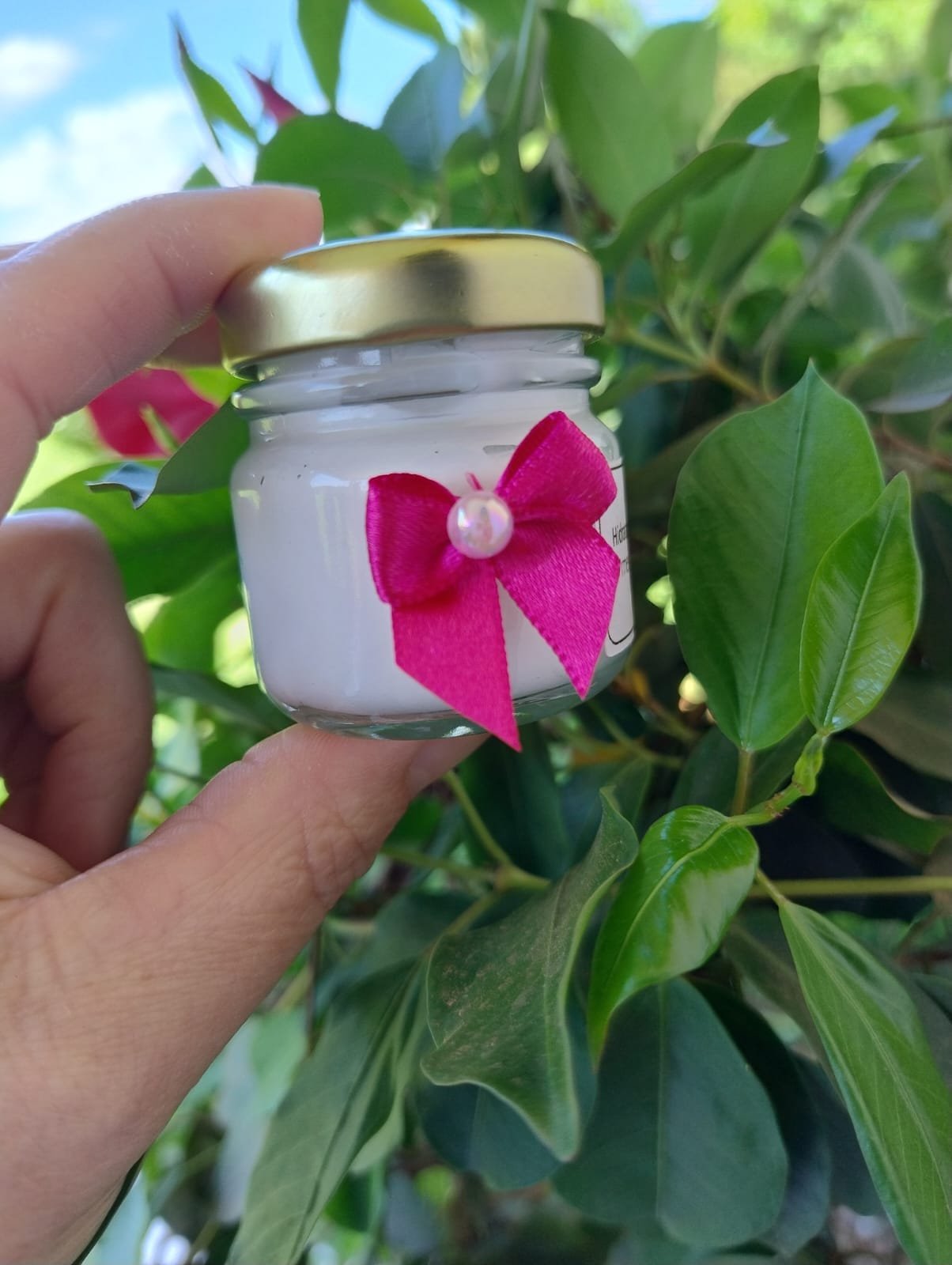 Potinho de creme com tampa dourada e laço pink, segurado entre as folhas
