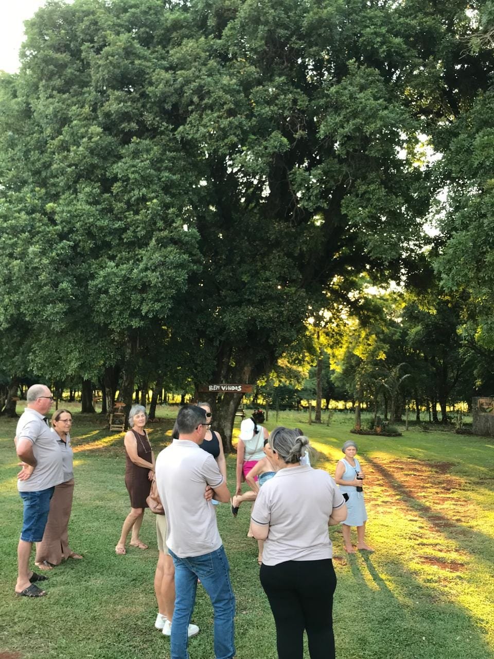 Visitantes conversando em roda no gramado, no fim da tarde
